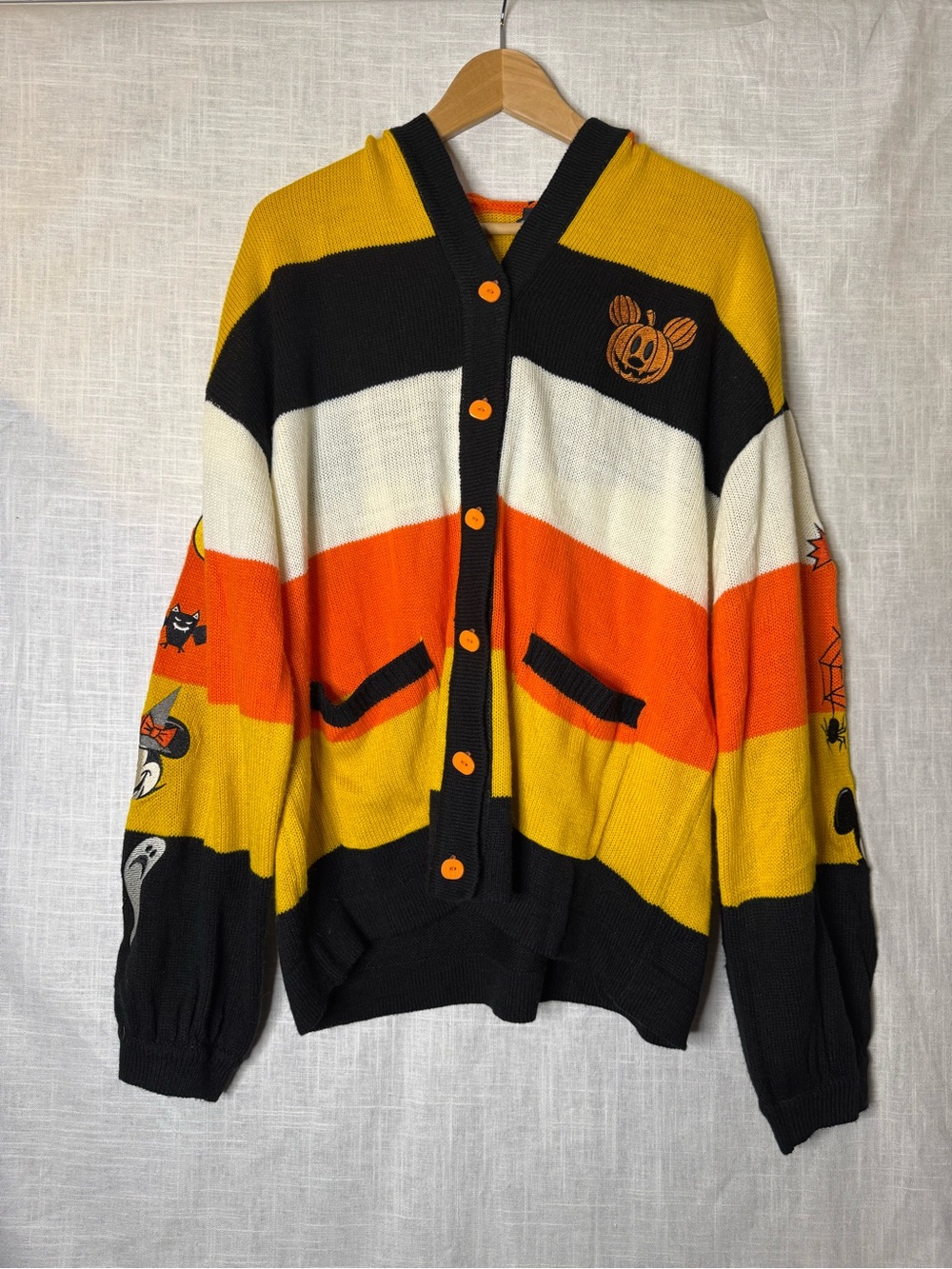 Her Universe Striped Halloween Cardigan in Orange, Black, Yellow, White
